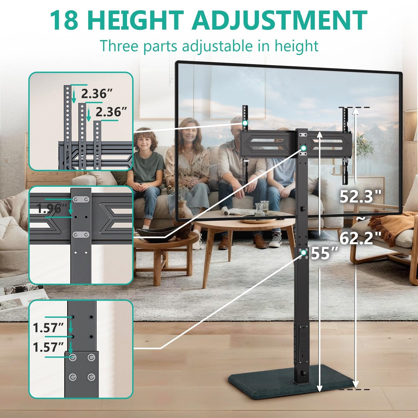 WALI Rolling TV Stand with Power Outlet & AV Shelf, Mobile Tall TV Stand Mount on Wheels for 34-75 inch TV up to 110 lbs, Swivel Height Adjustable TV Cart with Wood Base for Bedroom(TVDVD-6PRW), White