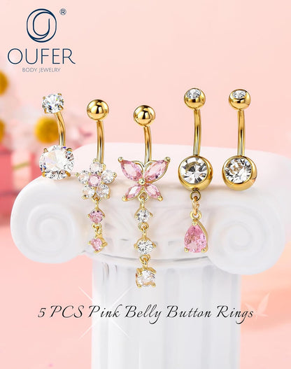 OUFER 5x Bauchnabelpiercings baumelnd – 14G Chirurgischer Stahl Bauchnabelpiercing, Hypoallergener Bauchnabelring mit Zirkonia Schmetterling Blume Tropfen Langhantel für Strand, Festival, Fitnessstudio