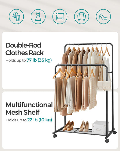 SONGMICS Clothes Rack with Wheels, Clothing Rack for Hanging Clothes, 25.4 mm Metal Garment Rack with Dense Mesh Storage Shelf, 110 lb Load Capacity, 2 Brakes, Black UHSR25BK