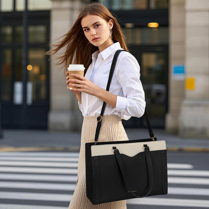 RAINSMORE Laptop Bag for Women 15.6 Inch Work Tote Bag with Detachable Strap & Bow Leather Laptop Tote with Cup Holder