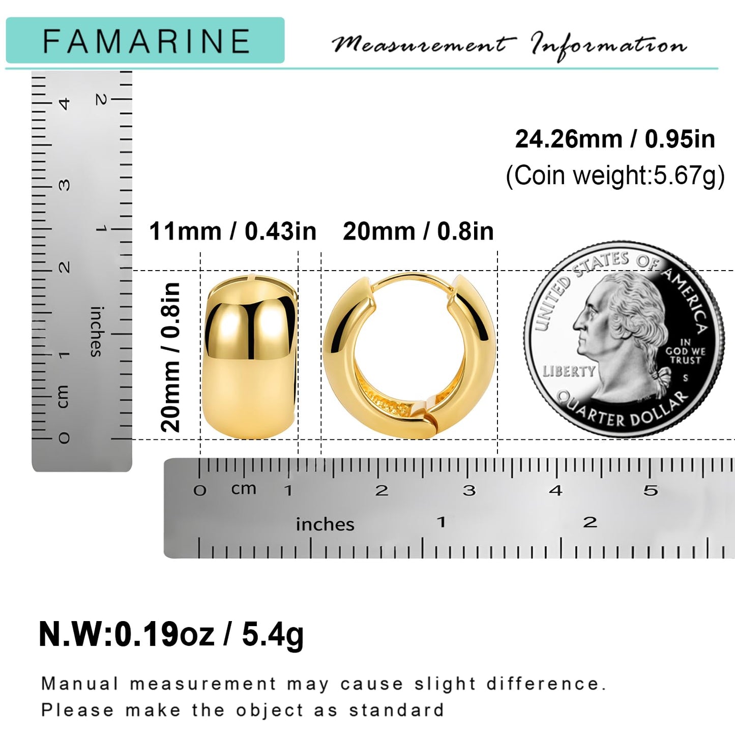 FAMARINE Gold Chunky Creolen für Damen, 0,8 Zoll Gold Creolen Huggie Ohrringe für Herren