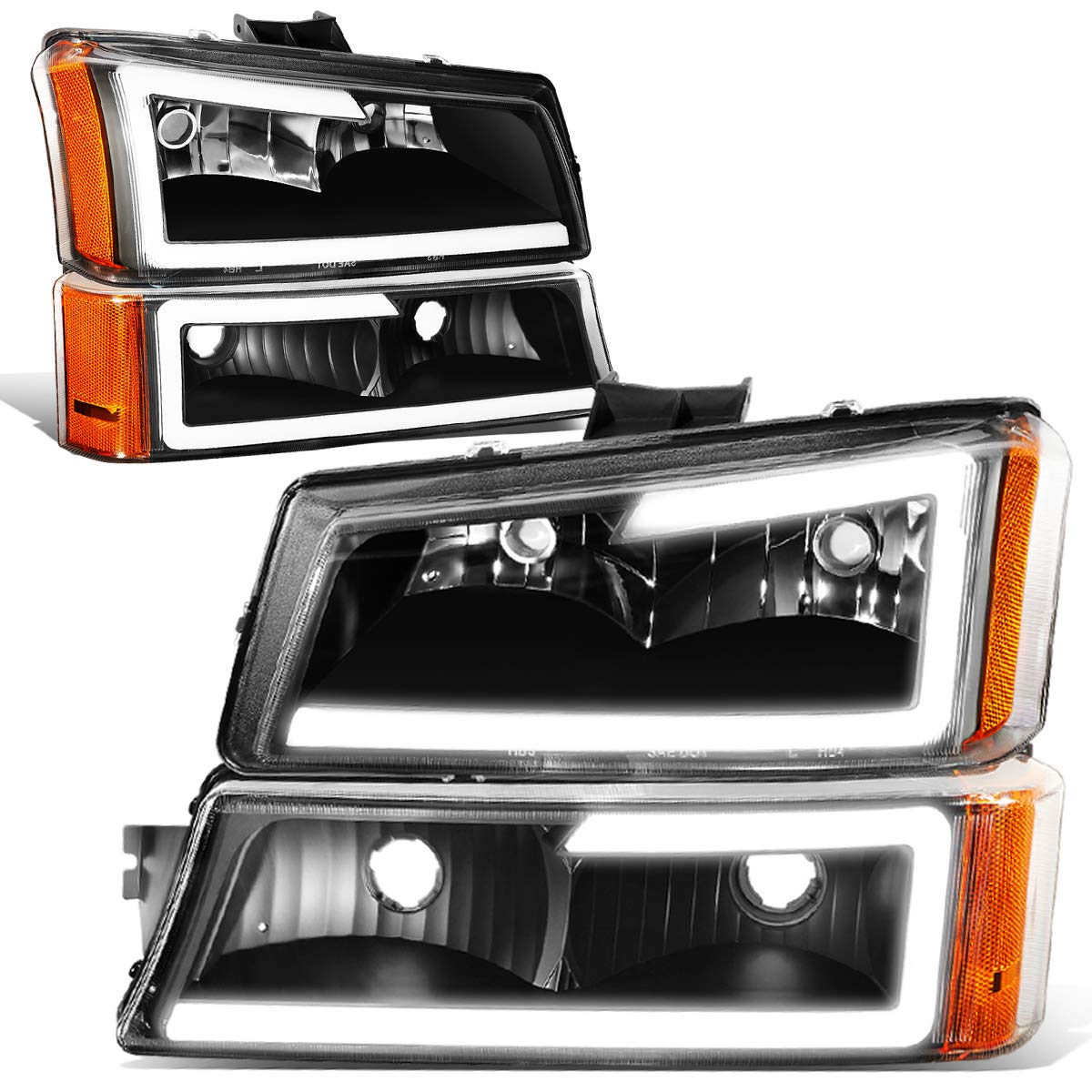 DNA MOTORING HL-LB-CSIL03-BK-CL1 Black Housing 3D LED DRL Headlight Bumper Lamp Set Compatible with 03-06 Silverado 1500-3500 / Avalanche 1500 2500