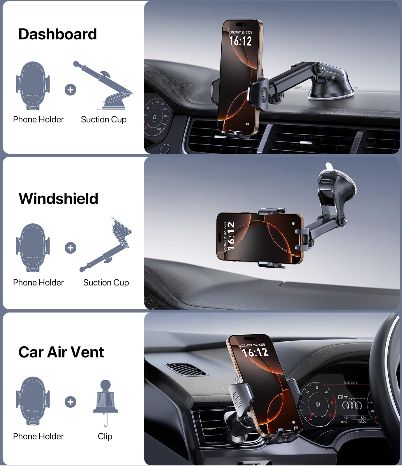 Miracase Car Phone Mount, [Upgraded Strong Military Grade Suction Cup] Long Arm Phone Holder for Car Dashboard Windshield Vent, Hands Free Cell Phone Holder Compatible with All Mobile Phones