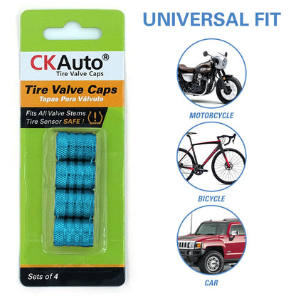 CKAuto Tire Valve Stem Caps, Black, 4 pcs/Pack, Anodized Aluminum Tire Valve Cap Set, Corrosion Resistant, Universal Stem Covers for Cars Trucks Motorcycles SUVs and Bikes