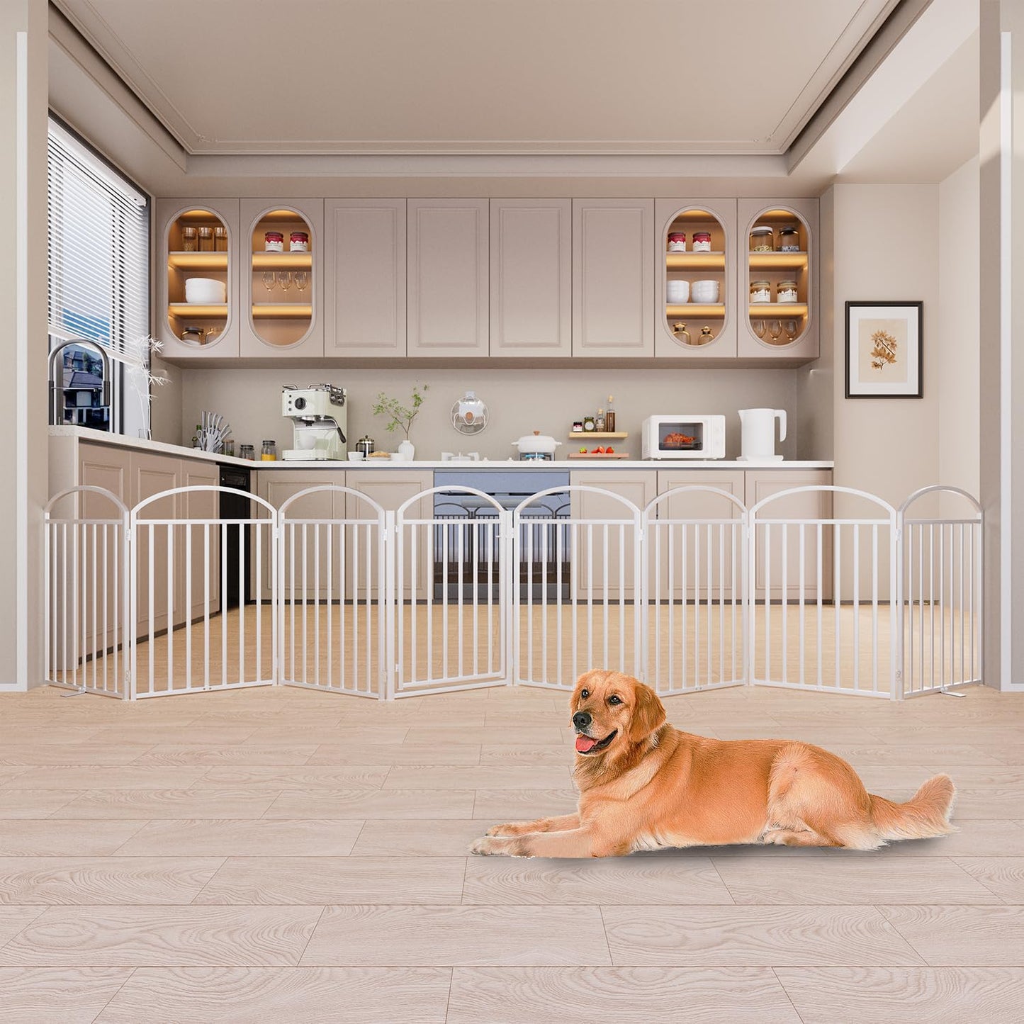 SNUOWU 4 Panels Full Matel Freestanding Dog Gates with Door, 96"Extra Wide 36"Tall Free Standing Dog Pet Gate for Indoor & Outdoor. Foldable Pet Fences for Doorways, House, Stairs, Porch, Deck, Yard