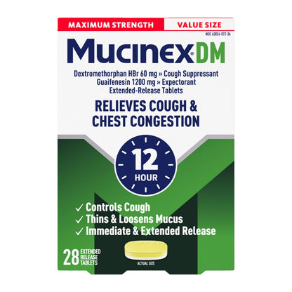 Mucinex DM Maximum Strength Cough Suppressant & Expectorant Tablets, 28ct - 1200mg Guaifenesin (Pack of 2)