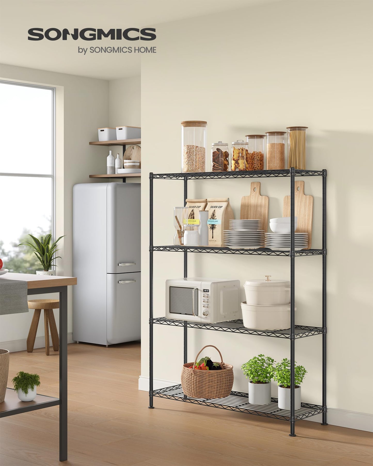 SONGMICS Storage Shelf, Small Metal Wire Shelving Unit, Adjustable Shelves, for Small Spaces, Garage, Bedroom, Living Room, Kitchen, Pantry, 5 Tier, 11.8 x 11.8 x 47.6 Inches, Ink Black ULGR123BH01