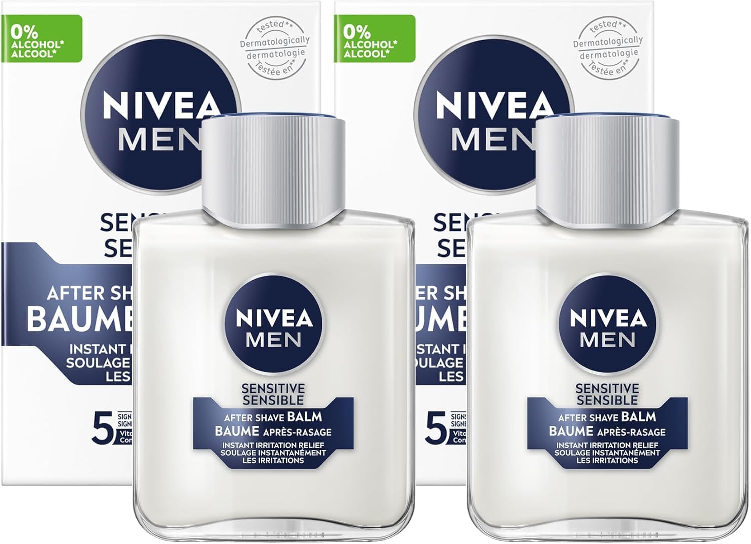 NIVEA MEN Sensitive Skin After Shave Balm, After Shave for Men with Sensitive Skin, No Drying Alcohol, Aftershave Instantly Soothes & Protects, Dermatologically-Tested Skin Care, 2 x 100 mL
