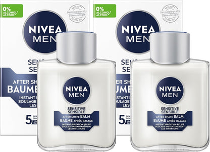 NIVEA MEN Sensitive Skin After Shave Balm, After Shave for Men with Sensitive Skin, No Drying Alcohol, Aftershave Instantly Soothes & Protects, Dermatologically-Tested Skin Care, 2 x 100 mL