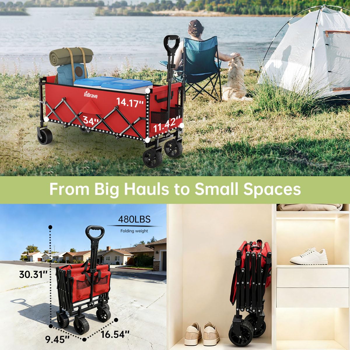 Extra Long Collapsible Wagon Cart, 480LBS Heavy Duty Utility Wagons with All-Terrain Wheels, Foldable Grocery Carts for Gardening, Shopping, Beach, Camping, Black
