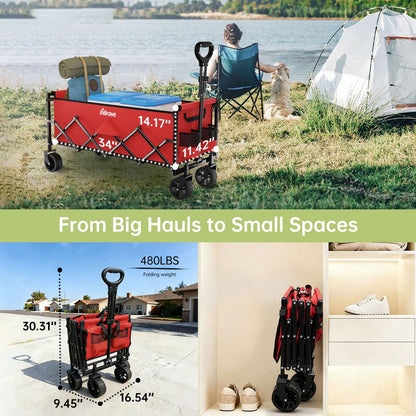 Extra Long Collapsible Wagon Cart, 480LBS Heavy Duty Utility Wagons with All-Terrain Wheels, Foldable Grocery Carts for Gardening, Shopping, Beach, Camping, Black