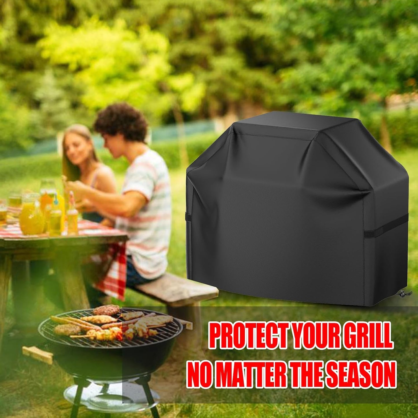 Grillabdeckung, 58 Zoll BBQ Gasgrill Abdeckung für Outdoor-Grills, Wasserdicht, UV-Schutz, Reißfest, Farbecht, Grillabdeckung mit Klettverschlussgurten und verstellbarem Saumzugband, Schwarz