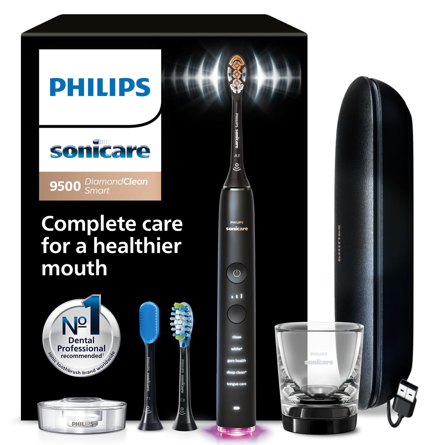Philips Sonicare DiamondClean Smart 9500 Electric Toothbrush - Sonic Toothbrush with App, Pressure Sensor, 15 Brushing Settings, Replacement Reminder, USB Charging Travel Case, Black, Model HX9923/11