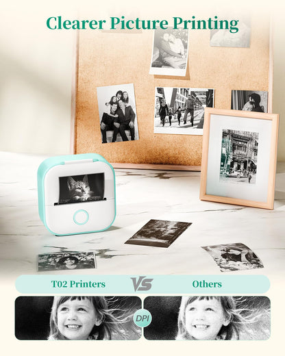 Memoking Mini-Drucker - T02 Aufkleberdrucker, Druckkapsel, tragbarer thermischer tintenloser Aufkleberhersteller, Bluetooth-Taschen-Minifotodrucker, Sofortdruck, Smart AI APP, für Studentenstudiennotizen, Tagebuch, Heimwerker, Geschenk