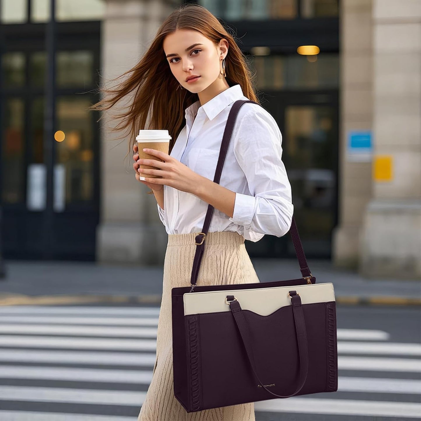 RAINSMORE Laptop Bag for Women 15.6 Inch Work Tote Bag with Detachable Strap & Bow Leather Laptop Tote with Cup Holder