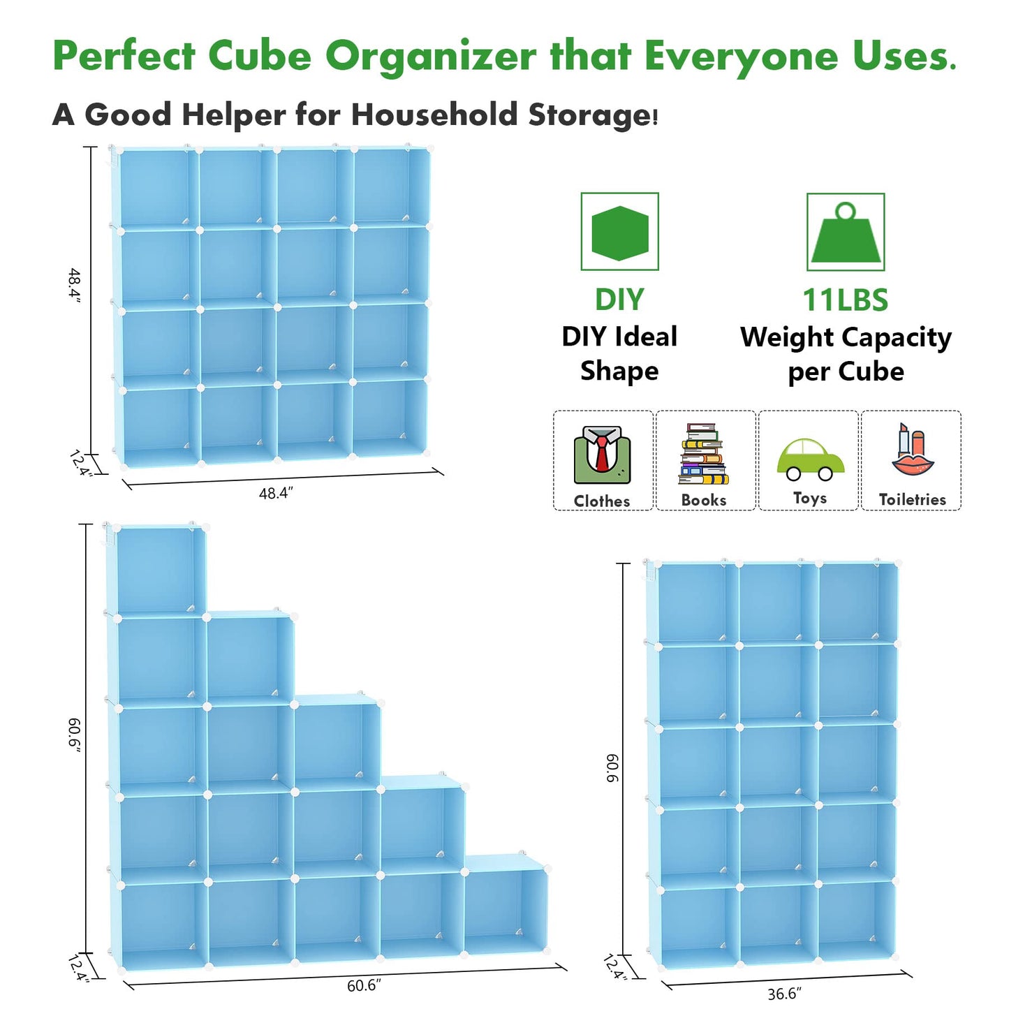 C&AHOME Cube Storage Organizer, 16-Cube Shelves Units, Plastic Storage Cubes, DIY Closet Organizer, Modular Closet Storage Shelves Ideal for Home, Bedroom, 48.4" L × 12.4" W × 48.4" H Black SUM3016H