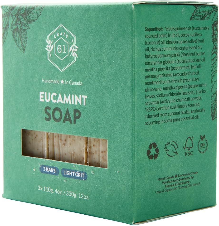 CRATE 61 ORGANICS Vegane Naturseife, handgemachte Seife mit hochwertigen ätherischen Ölen, kaltgepresst für Gesicht und Körper für Männer und Frauen, 3er-Pack (4 oz, Riegel) (Eucamint)