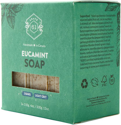 CRATE 61 ORGANICS Vegane Naturseife, handgemachte Seife mit hochwertigen ätherischen Ölen, kaltgepresst für Gesicht und Körper für Männer und Frauen, 3er-Pack (4 oz, Riegel) (Eucamint)