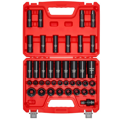 VEVOR 91-Piece 1/2" Drive Impact Socket Set, SAE (5/16" to 1-1/4") & Metric (8 to 32 mm), CR-V, Deep & Shallow, 6 Point, Ratchet Handle, Universal Joint, Adapters, Extension Bars (3, 5, 10 in)