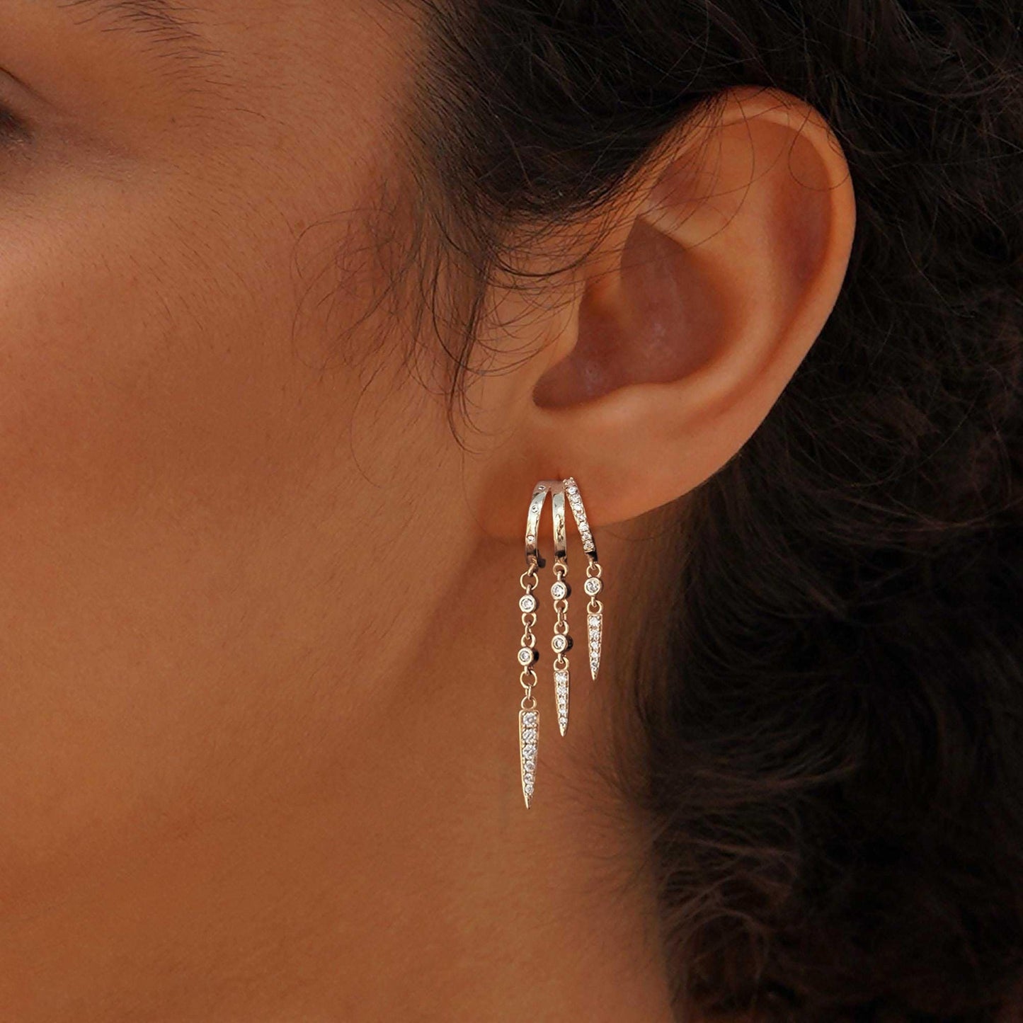 Dangle Earrings for Women,14k Gold Plated Triple Huggie Stud Earrings Cute Statement Chain Earring Dainty Drop Earrings for Women Trendy Gold Plated Jewelry