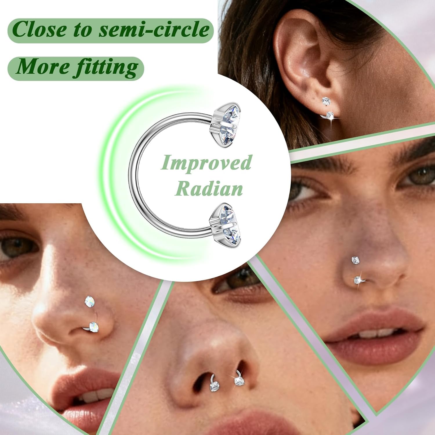 Opal Nose Ring Studs Horseshoe Nose Rings Hoops Stud 316L Stainless Steel Nose Rings Round CZ Square Screw L Shaped Nose Stud Hypoallergenic Nostril Piercing Jewelry for Women Men