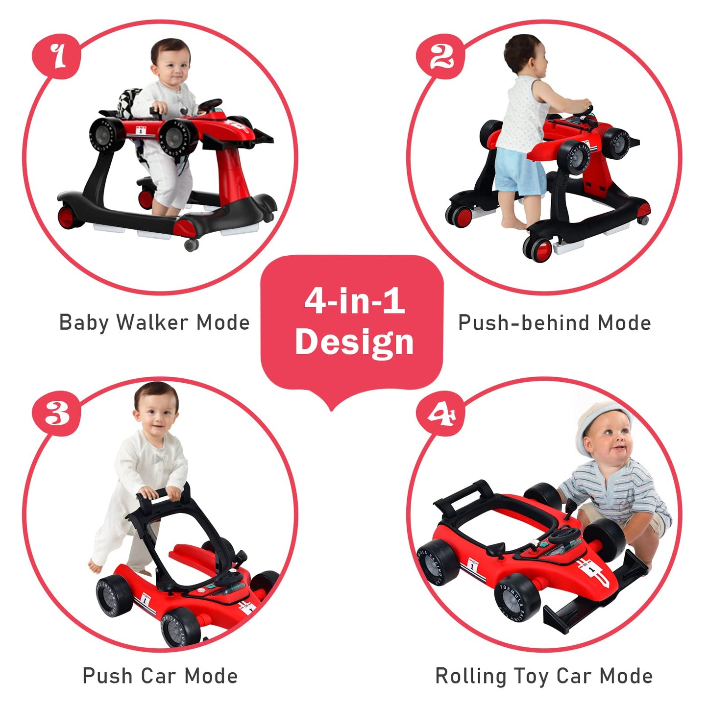 BABY JOY 4-in-1 Baby Walker, Foldable Activity Walker with Adjustable Height & Speed, Music, Lights, Anti-Rollover, Toddler Push Walker, Baby Walker with Wheels for Boys Girls 6-18 Months (Pink)