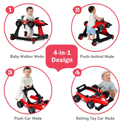 BABY JOY 4-in-1 Baby Walker, Foldable Activity Walker with Adjustable Height & Speed, Music, Lights, Anti-Rollover, Toddler Push Walker, Baby Walker with Wheels for Boys Girls 6-18 Months (Pink)