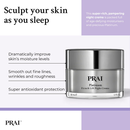 PRAI Platinum Firm & Lift Night Creme 50ml - Nourishing & Hydrating Overnight Moisturiser With Platinum, Shea Butter, Vitamin A - Plumps, Firms, Brightens - Reduces Appearance Of Wrinkles & Fine Lines