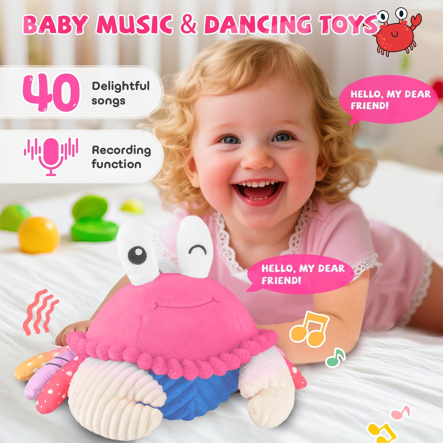Babyspielzeug 6-12 Monate, Musikalisches Krabbelkrebs Plüschtier - 40 Lieder & Aufnahmefunktion, Tanzendes Laufendes Hüpfendes Bauchzeit Spielzeug, Sensorisches Spielzeug für Kleinkinder 1-3, Geburtstagsgeschenke für Säuglinge