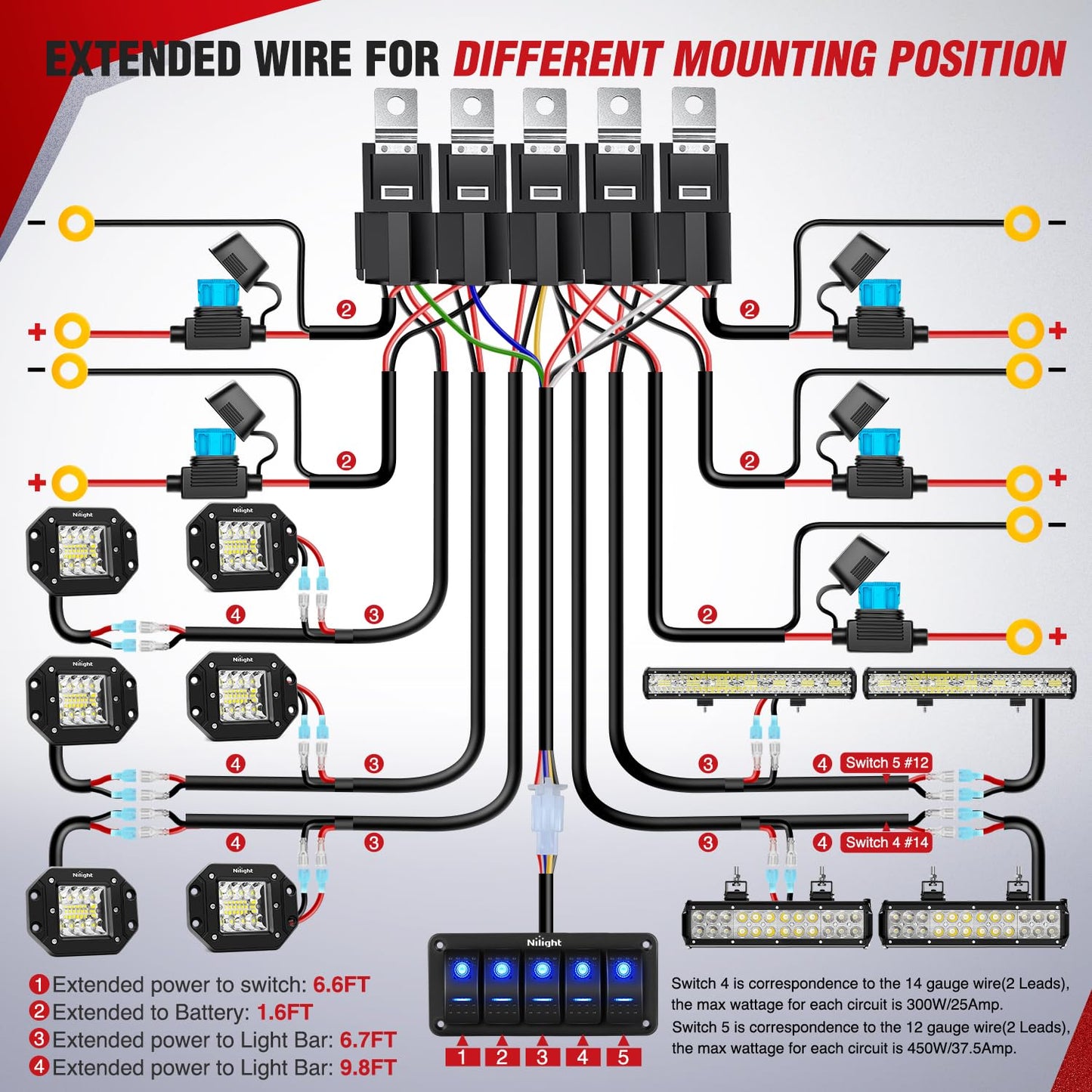 Nilight - NI -WA 06 LED Light Bar Wiring Harness Kit - 2 Leads 12V On Off Switch Power Relay Blade Fuse for Off Road Lights LED Work Light, 2 Years Warranty
