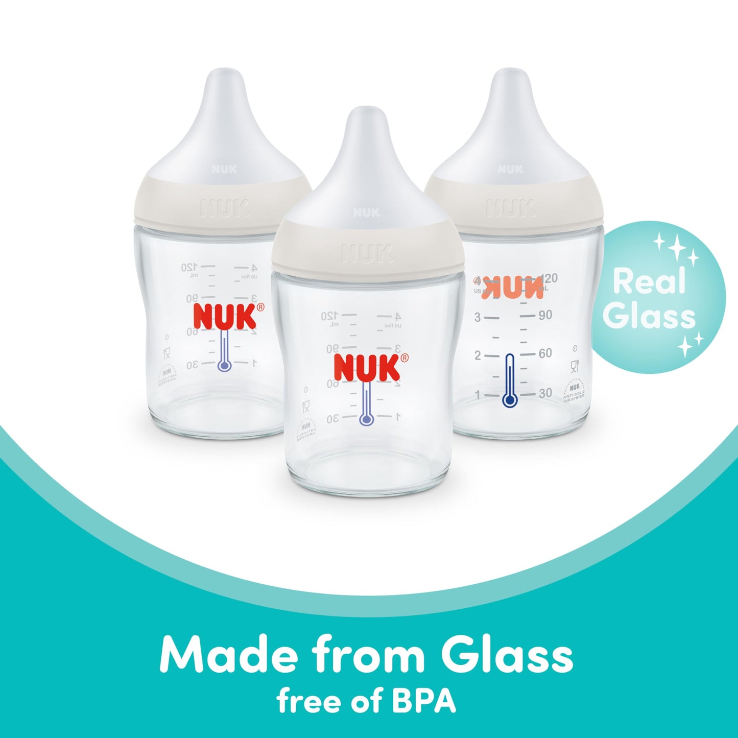NUK Perfect Match Glass Natural + Anti-Colic Bottle, 8 oz. Glass Baby Bottles with SafeTemp Temperature Indicator, Newborn Essentials, 3-Pack