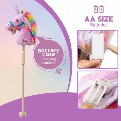 HollyHOME Plüsch Einhorn Steckenpferd mit Holzrädern Echten Pony Wiehern und Galoppieren Geräuschen Plüschtier Rosa 94 cm (AA Batterien Benötigt)