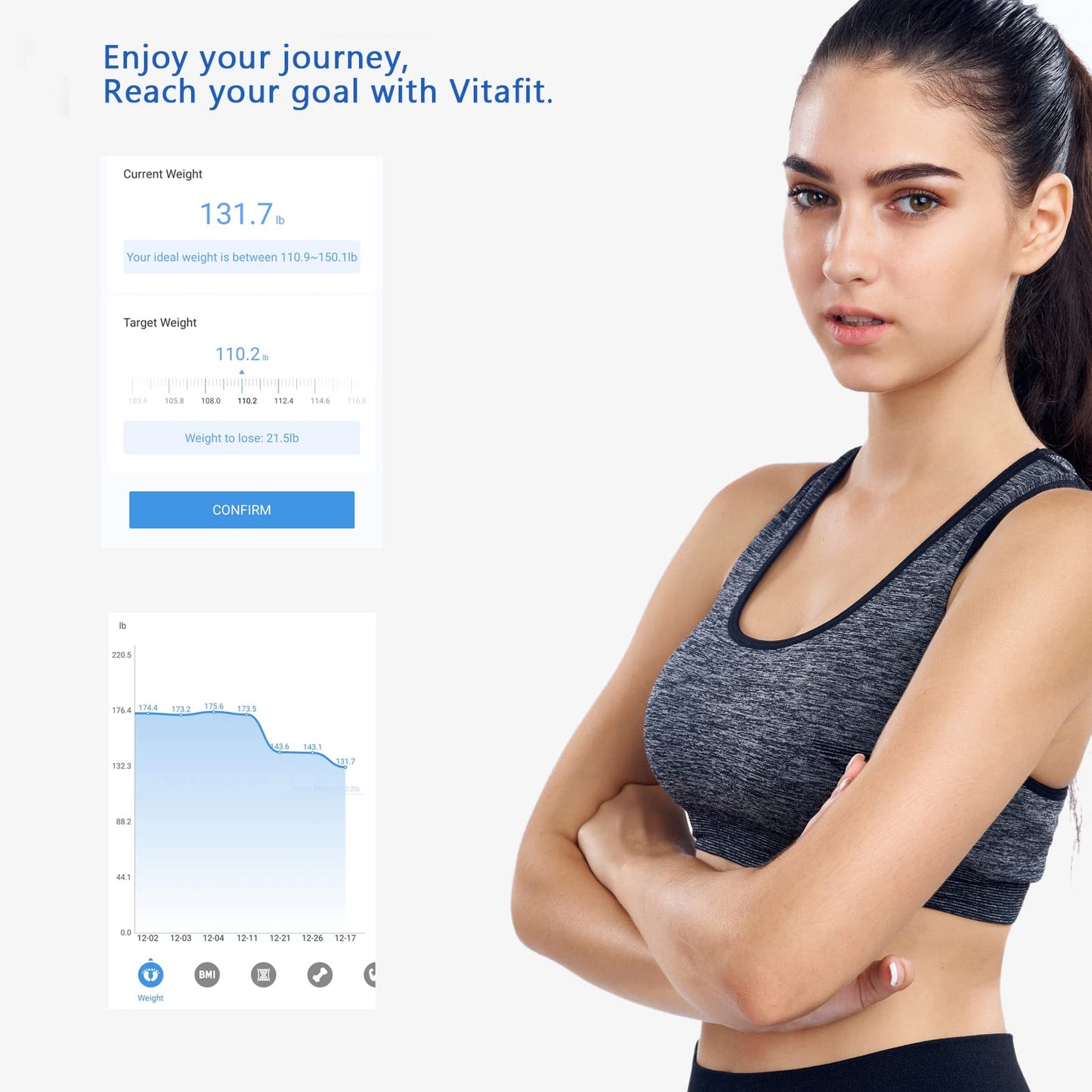 Vitafit Smart-Körperwaage, hohe Genauigkeit 0,05 kg, von unserer professionellen Fabrik seit 2001, App-Synchronisierung von 13 Körperzusammensetzungen wie BMI, Körperfett und Muskelmasse, 180 kg, LED, Schwarz