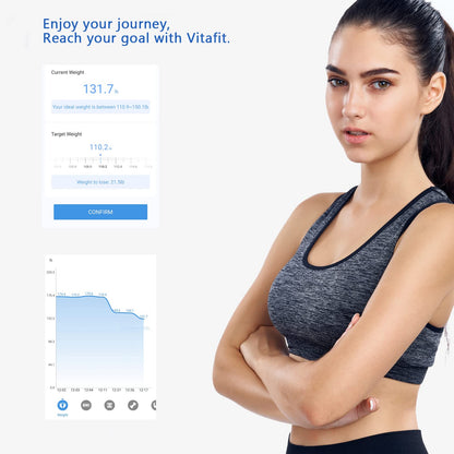 Vitafit Smart-Körperwaage, hohe Genauigkeit 0,05 kg, von unserer professionellen Fabrik seit 2001, App-Synchronisierung von 13 Körperzusammensetzungen wie BMI, Körperfett und Muskelmasse, 180 kg, LED, Schwarz