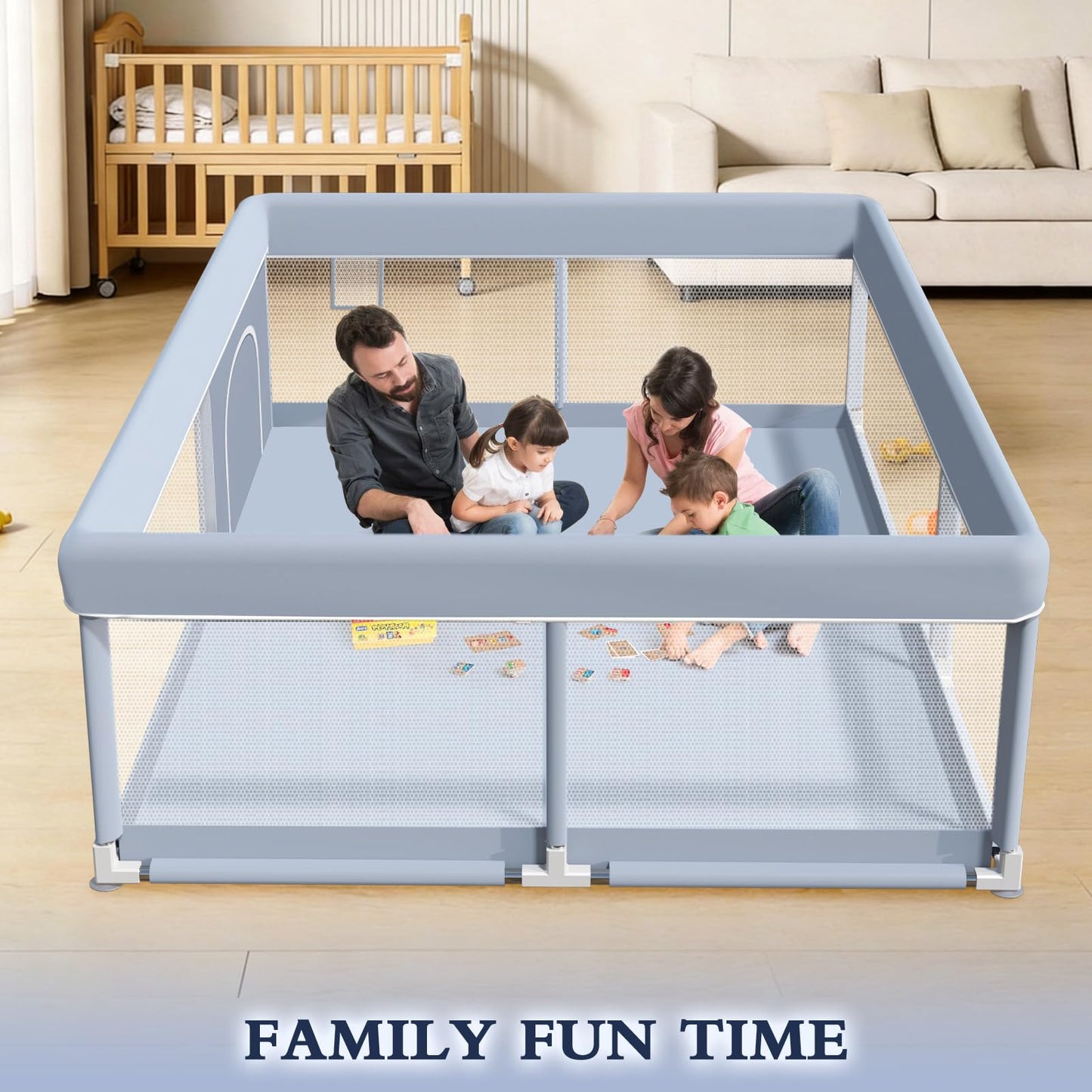 XVISHX 50 x 50 Inch Baby Playpen, Playpen for Babies and Toddlers, Baby Play Pen Playard for Indoor & Outdoor Active Center Game Fence, with Skin-Friendly Fabric and Soft Breathable Mesh, Grey