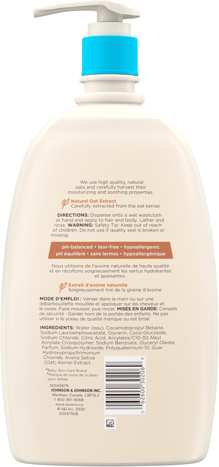 Aveeno Baby Wash and Shampoo - Gentle 2-in-1 Body Wash with Natural Oat Extract for Sensitive Skin - Tear-Free, Hypoallergenic Cleanser, Free from Parabens, Sulfates & Dyes - 975ml