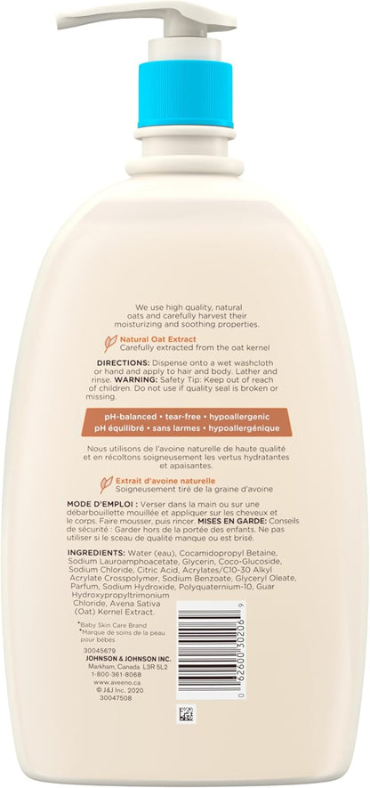 Aveeno Baby Wash and Shampoo - Gentle 2-in-1 Body Wash with Natural Oat Extract for Sensitive Skin - Tear-Free, Hypoallergenic Cleanser, Free from Parabens, Sulfates & Dyes - 975ml