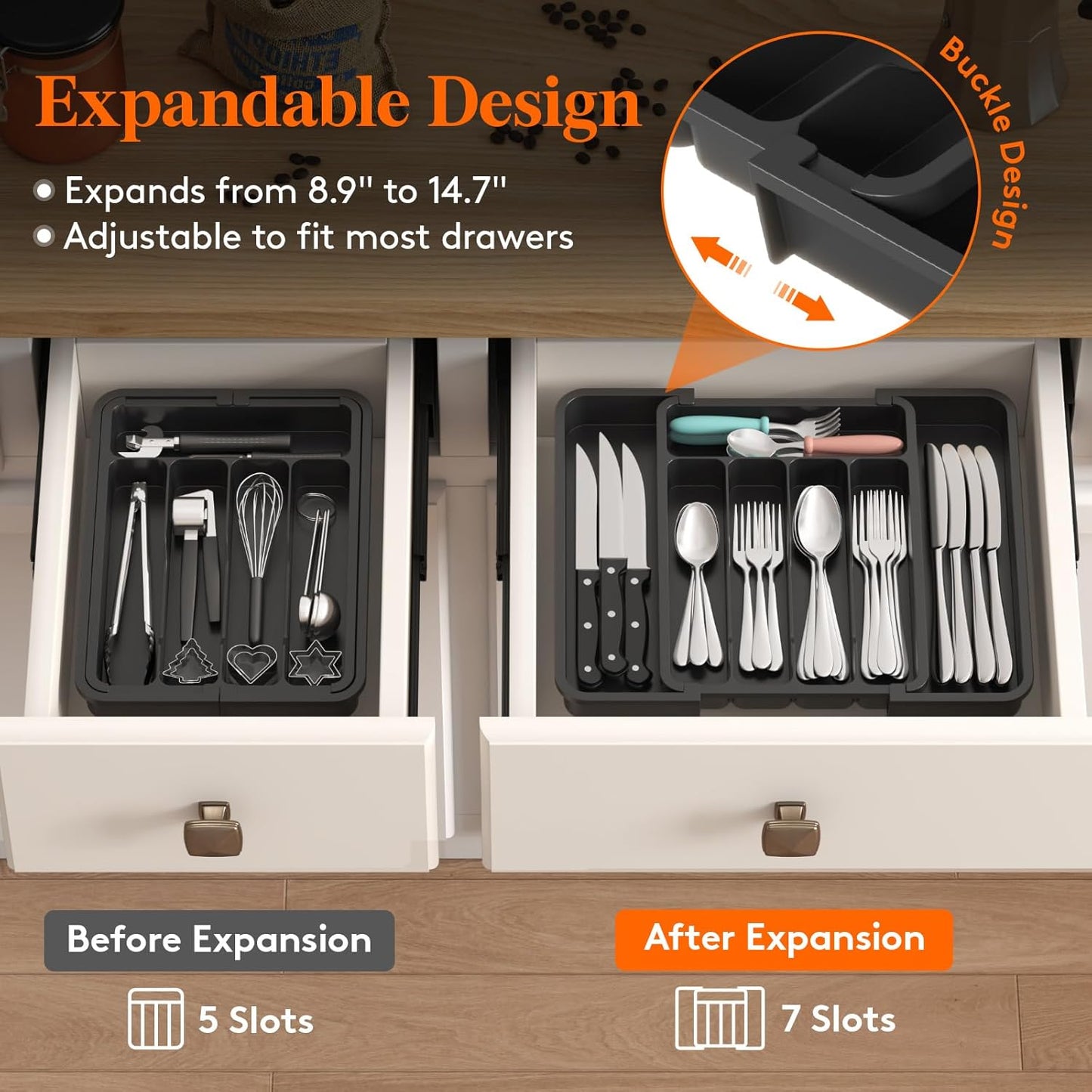 Lifewit Besteck Organizer, erweiterbarer Utensilien Organizer für die Küche, Utensilienhalter, verstellbarer Besteckkasten Schubladen Organizer für Löffel, Messer, Küchen Organizer und Aufbewahrung, Schwarz