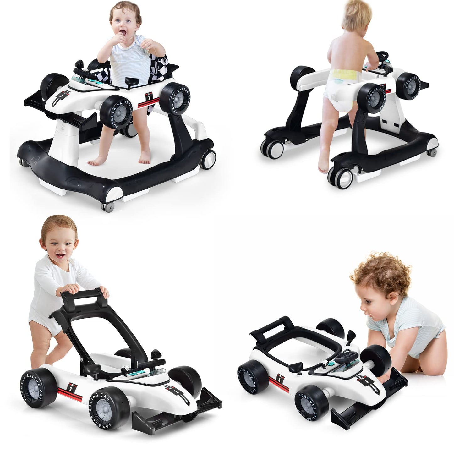 HONEY JOY 4-in-1 Baby Walker, Activity Push Walker w/3 Adjustable Heights, Smooth Wheels w/Adjustable Speed, Padded Seat, Music & Light, Foldable Car Walker for Baby Boys Girls Age 6 Months+ (Blue)