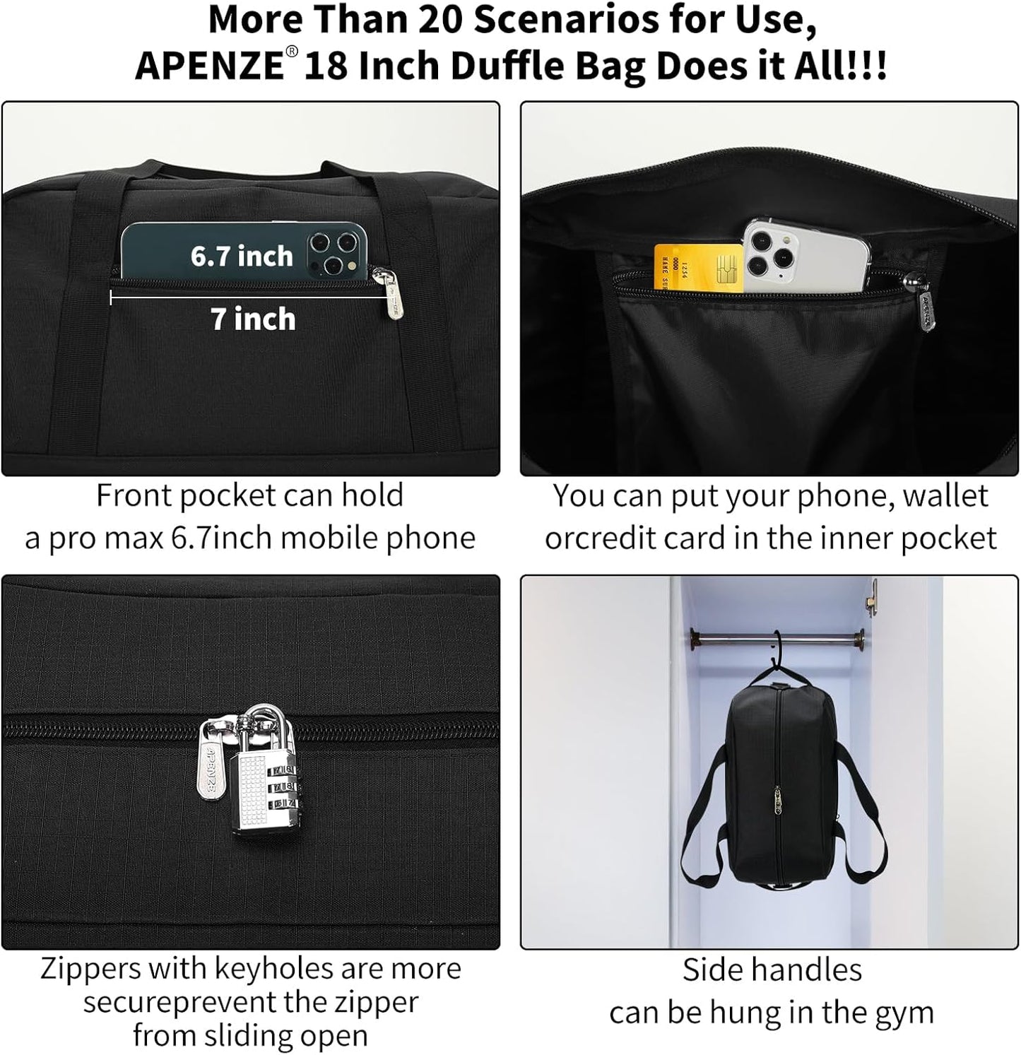 Kleine Sporttasche 18 Zoll Handgepäck Reisetasche für Wochenendtrips Sport-Schwarz