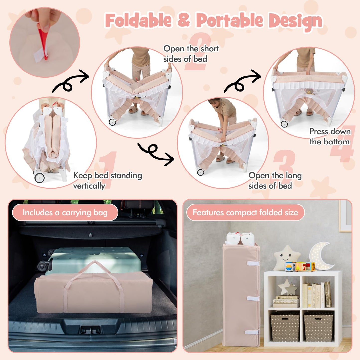BABY JOY 4 in 1 Pack and Play with Canopy, Portable Baby Playard with Bassinet, Double-Layer Baby Crib, Wheels & Brake, Foldable Baby Girl Pink Bassinet from Newborn to Toddler