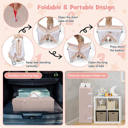 BABY JOY 4 in 1 Pack and Play with Canopy, Portable Baby Playard with Bassinet, Double-Layer Baby Crib, Wheels & Brake, Foldable Baby Girl Pink Bassinet from Newborn to Toddler