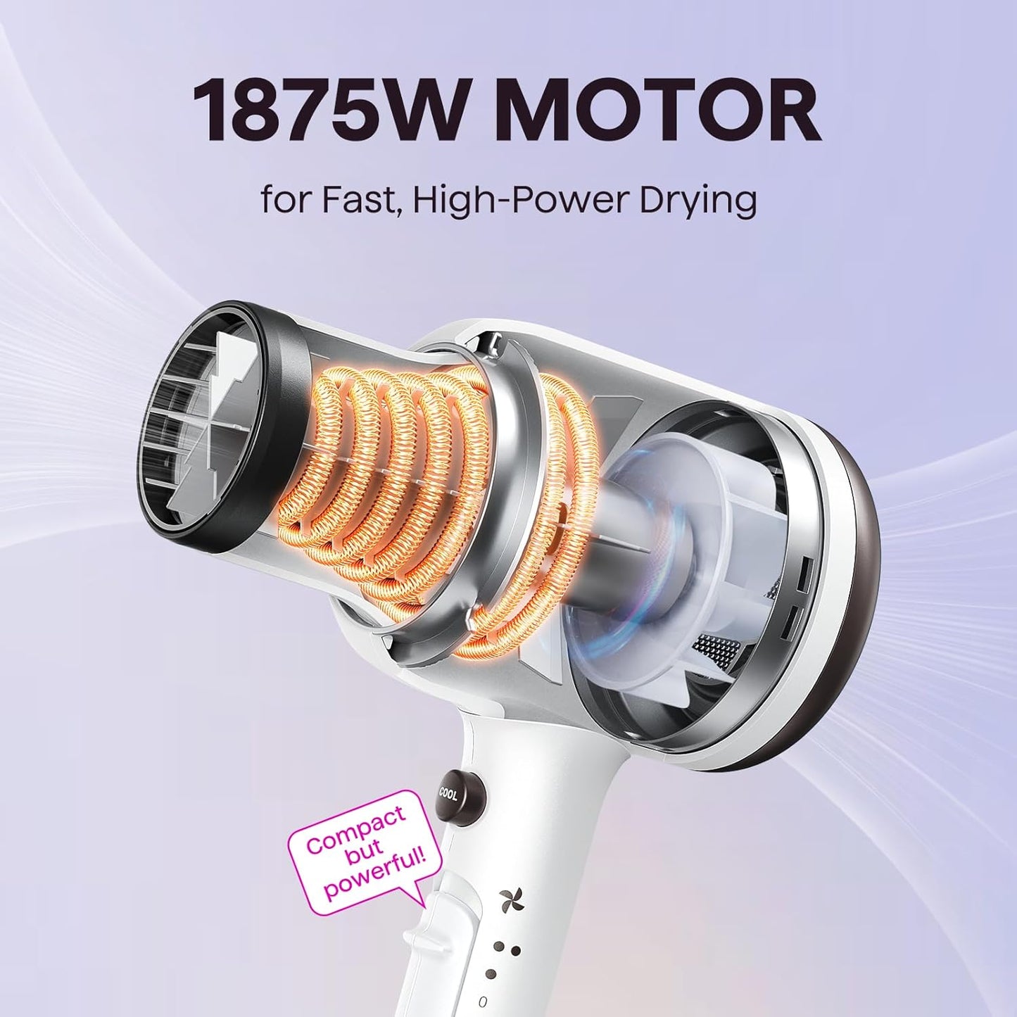 Wavytalk Ionen-Haartrockner mit Diffusor und Zentrierdüse, leichter leiser Föhn, leistungsstarker 1875-Watt-Motor für geschmeidiges und schnelles Trocknen der Haare, Rosenpink