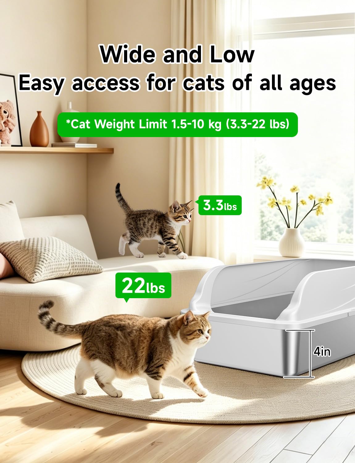 Stainless Steel Cat Litter Box, Odor Free Metal Litter Box with High Sides Lid, Open Top Low Entry Litter Pan Include Scoop Easy Cleaning Anti-Scratch Kitty Cat Box Anti-Urine Leakage, Non-Sticky