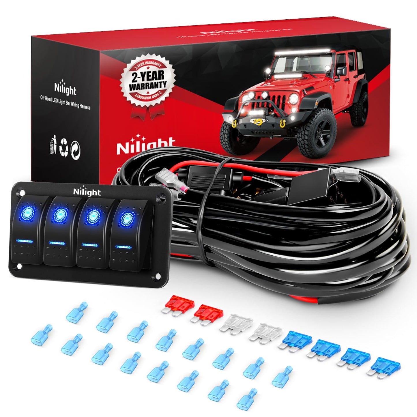Nilight - NI -WA 06 LED Light Bar Wiring Harness Kit - 2 Leads 12V On Off Switch Power Relay Blade Fuse for Off Road Lights LED Work Light, 2 Years Warranty