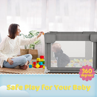 Palopalo Baby Laufgitter, 180x150cm Extra Großer Laufstall für Babys und Kleinkinder, Baby-Aktivitätszentrum mit 8 Saugnapfbasen, Baby-Laufstall mit Tür und weichem, atmungsaktivem Netz, Ohne Matte