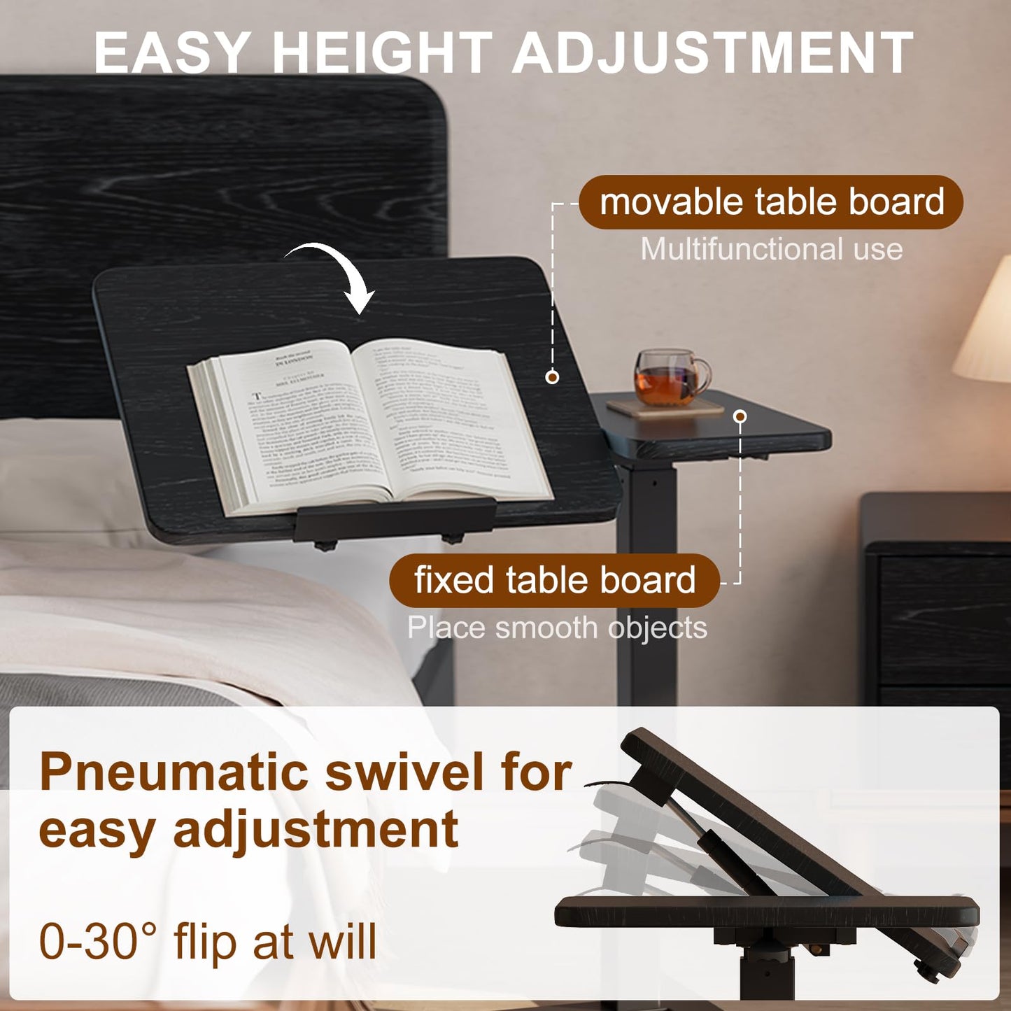 Solid Wood Overbed Bedside Table with Wheels, Tilting Adjustable Hospital Bed Table Over The Bed, Medical Mobile Laptop Stand, Rolling Standing Desk for Hospital and Home Use(Walnut)