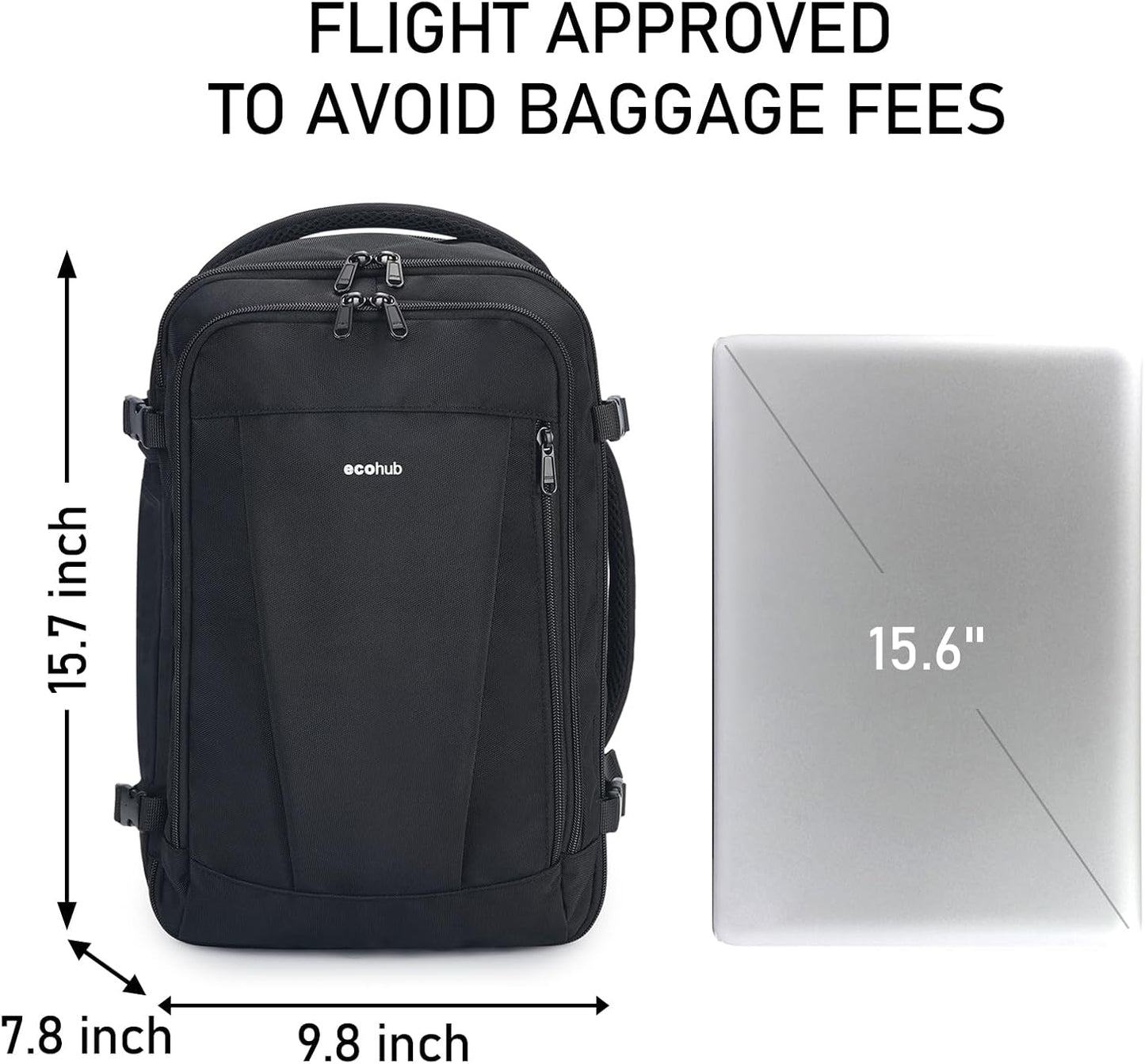 ECOHUB 16'' Reise-Rucksack Handgepäck Unterseat-Rucksack Persönlicher Gegenstand Flugzeug-Reisetasche mit 13 Taschen Handgepäck Flaschenhalter USB-Ladeanschluss Casual Daypack für Frauen Männer Schwarz