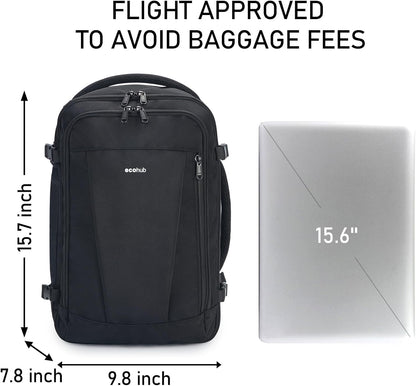ECOHUB 16'' Reise-Rucksack Handgepäck Unterseat-Rucksack Persönlicher Gegenstand Flugzeug-Reisetasche mit 13 Taschen Handgepäck Flaschenhalter USB-Ladeanschluss Casual Daypack für Frauen Männer Schwarz
