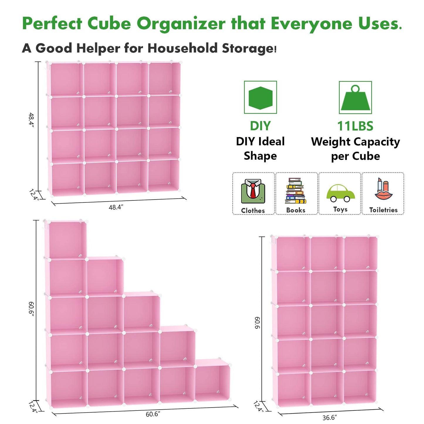 C&AHOME Cube Storage Organizer, 16-Cube Shelves Units, Plastic Storage Cubes, DIY Closet Organizer, Modular Closet Storage Shelves Ideal for Home, Bedroom, 48.4" L × 12.4" W × 48.4" H Black SUM3016H